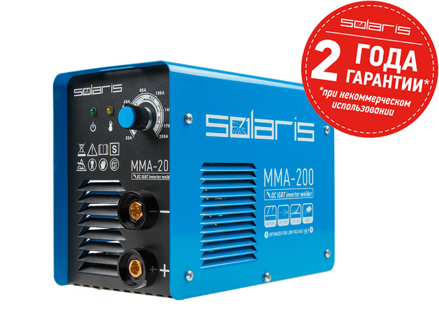 Инвертор сварочный SOLARIS MMA-200 (230В, 20-200 А, 70В, электроды диам. 1.6-4.0 мм, вес 3.4 кг) - фото