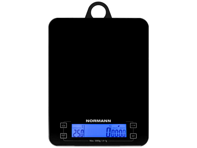 Весы кухонные ASK-267 NORMANN (5 кг, стекло 3 мм, термометр, часы, таймер, дисплей 95х25 мм с подсветкой, подвес)