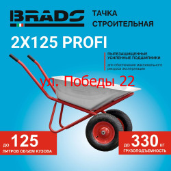 Тачка строительная BRADO 2x125 PROFI (до 125л, до 330кг, 2x4.00-8, пневмо, ось 20*100) - фото