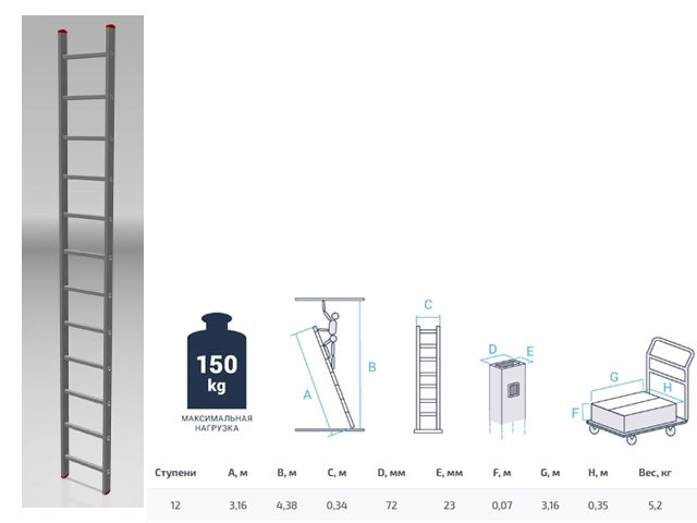 Лестница алюм. односекц. 316см 12 ступ., 5,2кг PRO STARTUL (ST9945-12) - фото