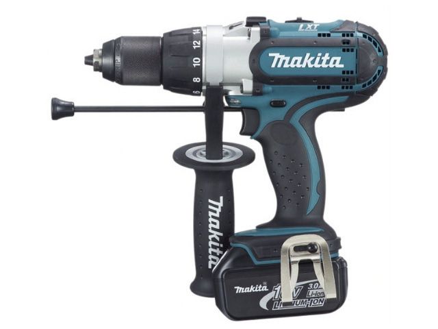 Аккум. ударная дрель-шуруповерт MAKITA LXT DHP 451 RFE в чем. (18.0 В, 2 акк., 3.0 А/ч Li-Ion, 3 скор., 80 Нм, шурупы до 13 мм, сверление в металле до - фото