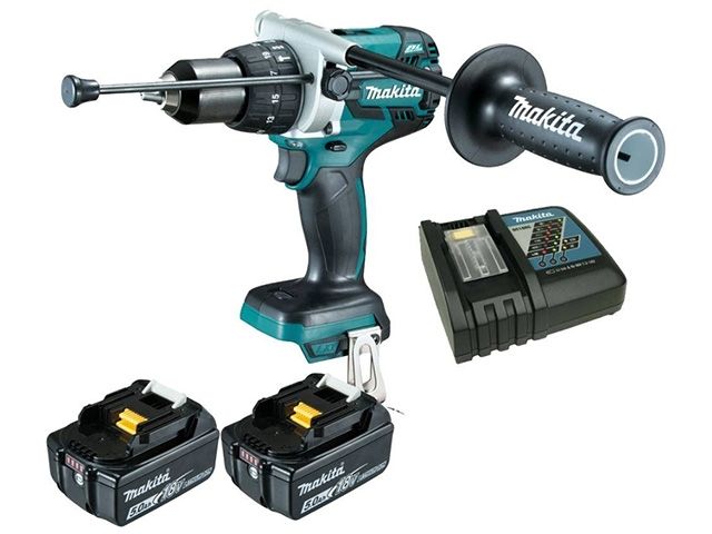 Аккум. ударная дрель-шуруповерт MAKITA LXT DHP 481 RTE в чем. (18.0 В, 2 акк., 5.0 А/ч Li-Ion, 2 скор., 115 Нм, шурупы до 10 мм, сверление в металле д - фото