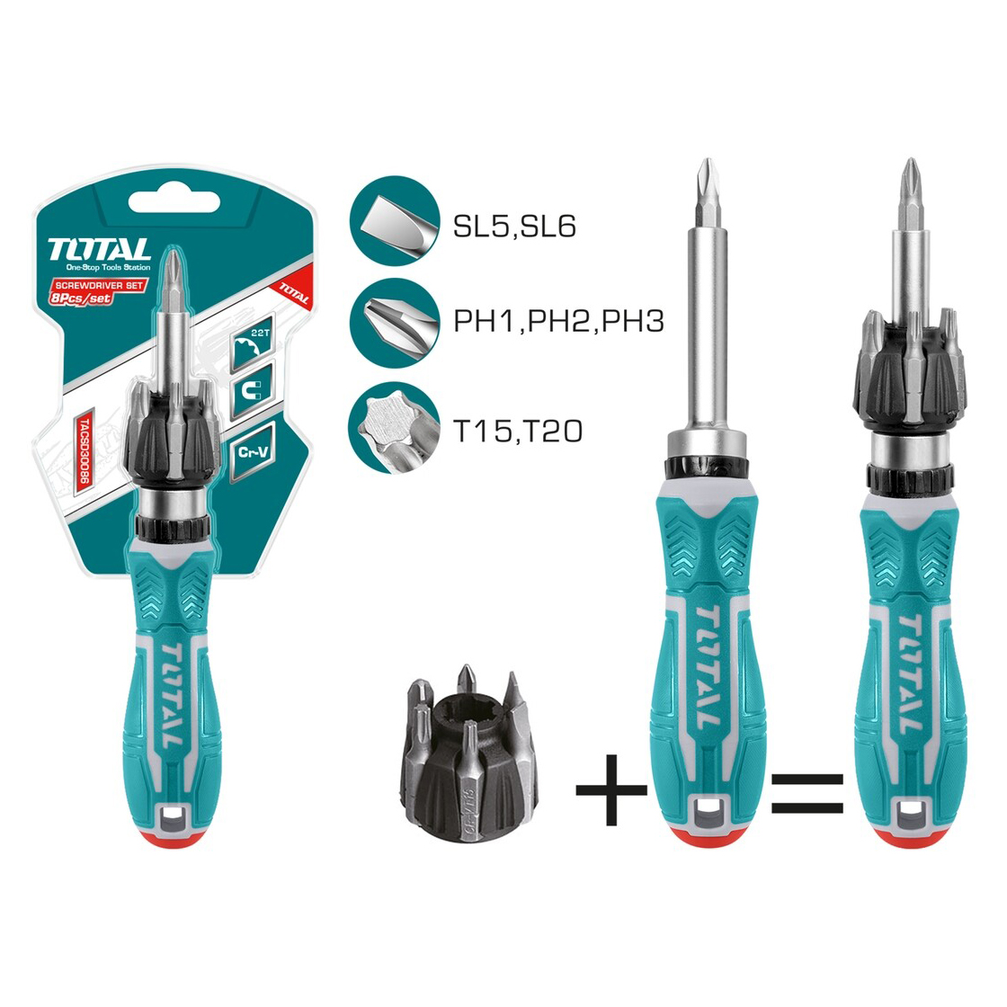 Отвертка реверсивная с набором бит TOTAL TACSD30086 (8 предметов) - фото