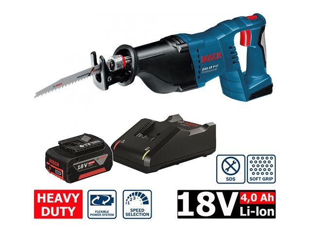 Аккум. сабельная пила BOSCH GSA 18V-LI в кор. (18.0 В, 1 акк., 4.0 А/ч, Li-Ion, дерево до 250 мм, металл до 20 мм) - фото