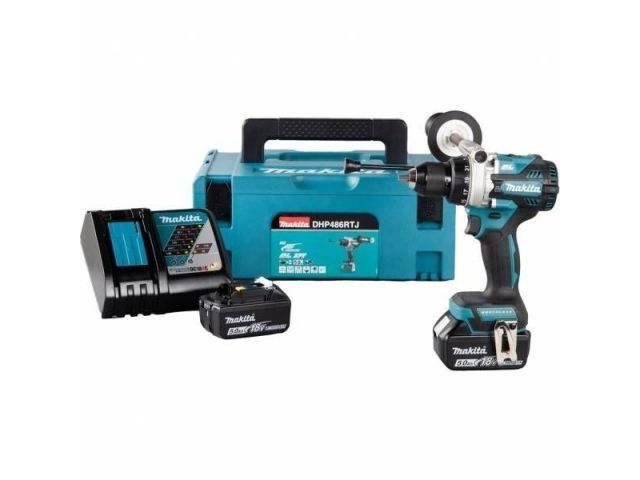 Аккум. ударная дрель-шуруповерт MAKITA LXT DHP 486 RTJ в кейсе (18.0 В, 2 акк., 5.0 А/ч Li-Ion, 2 скор., 125 Нм, шурупы до 76 мм, сверление в металле  - фото