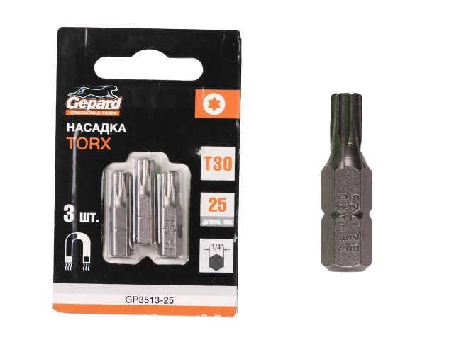 Насадка TORX T30 25мм  3шт GEPARD (GP3513-25) (бита звездочка шестилучевая звезда сталь S2  магнитная) - фото